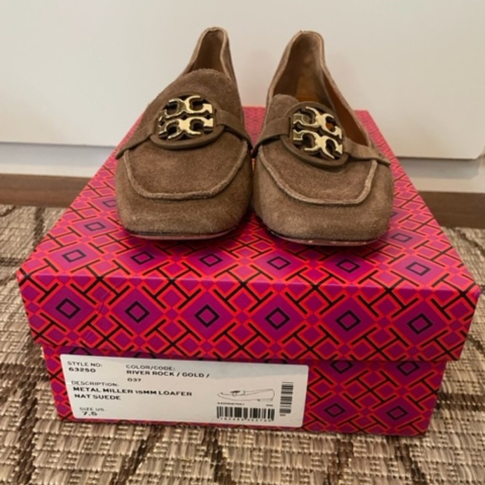 Tory Burch Metal Miller 15MM Suede Loafer River Rock/ Gold Color - Sz 7.5